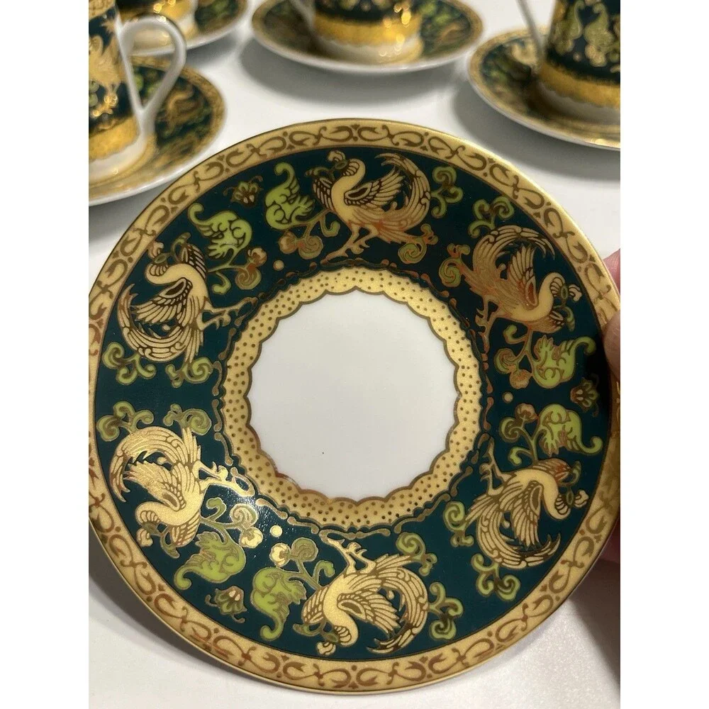 Italy Design Heavy Gold & Green Chicken Rooster Floral Demitasse Cup Saucer 10pc